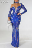 Women Hot Drill Rhinestones Diamond Long Party Sequin Dresses Luxury One Shoulder Long Sleeve Evening Mermaid