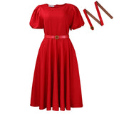Women's 2025 Summer Fashion Bubble Sleeve Elegant High- Waist Solid Colored Round Dress African