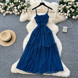 Tea Break Retro Sling Dress Women's Holiday Wind To Show Thin Folds Design Long