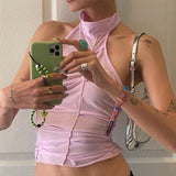 Korean Fashion Irregular Halter Tops Y2k Aesthetics Grunge Bandage Tank Tops Chic Folds Design Sleeveless Crop Tops