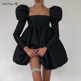 Puff Sleeves Ladies Party Black Dress Evening Chic Square Collar Ball Gown Womens Satin Dresses Short Pleated