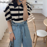 Women Clothing Korean Chic Tshirts Fashion Striped Puff Sleeve Half Zipper Tees Y2k Tops Loose Casual Vintage Summer