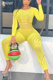 See Through Hollow Out Fishnet Mesh Jumpsuit Long Sleeve Backless Sexy Nightclub Outfit for Women Wholesale