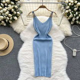 Backless Sleeveless Women Knitted Dress Slim Solid Gentle Fashion 2022 Summer V Neck Ladies A Line Midi