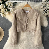 And Winter Small Fragrant Style Set Of Women's Short Cardigan Coat + Sling Net Yarn Dress Two