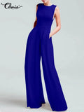 Long Jumpsuits Women Elegant Pockets Party Sleeveless Rompers 2022 Summer Fashion Casual Pleated Wide Leg Pants