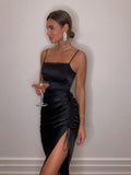 Black Sexy Irregular Strap Ruched Long Party