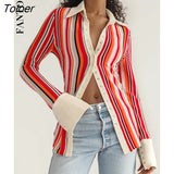 Single Breasted Stripe Elastic Shirt Women Long Sleeve Elegant Office Lady Blouse Casual Patchwork Cardigan Tops