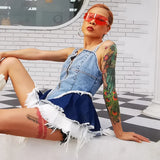 Sexy Denim Women Vest Square Collar Sleeveless Spaghetti Strap Tunic Patchwork Mesh Ruffles Hit Color Camis
