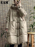 Loose Fit Khaki Pocket Big Size Down Jacket New Hooded Long Sleeve Warm Women Parkas Fashion Autumn Winter 2022