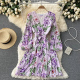 Autumn Women Floral Draped Mini Dress Bohemian Female V-Neck Puff Long Sleeve High Waist Bandage Pleated Vestido Female Robe