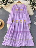Women Summer Bohemian Casual Loose Midi Dresses Flower Embroidery White Color Zaful Boho Street Vestidos Elbise Traf