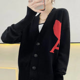 2022 Korean Style Men And Women Red Heart Love Letter A Knitted Cardigan Loose Long-Sleeved Sweater V-Neck Coat Unisex