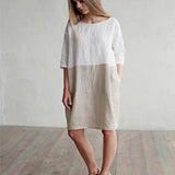 Dress Women Summer 2022 Casual Patchwork 1/2 Sleeve Cotton Linen Dress Oversized Loose Pockets Tunic Women Dress