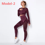 Seamless Gym Sets High Waist Gym Mesh Leggings Shirts Suit Long Sleeve Fitness Workout Sports Running Thin Sport