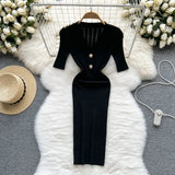 Button Knitted Dress Women Solid V Neck Summer 2022 Elegant Fashion Short Sleeves Ladies A Line Midi