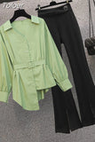 New Elegant Women's Pants Set Personalized Chiffon Shirt Top Black Trousers Two Piece Set Female