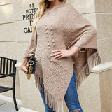 Autumn Winter Long Fringe Poncho Women Sweater Oversized V-Neck Jumper Knitwear Holiday Vintage Cape Batwing Sleeve
