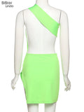 Sisterlinda Sexy Hollow Green Mini Dress Women One-Shoulder Sleeveless Side Split Backless Party Vacation Stretchy Skinny