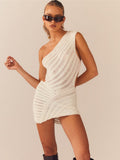 Fashion Women's Dress Diagonal Collar Backless Hollow Out Waist Solid Color Patchwork Mini Dresses Summer 2023 New
