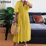 Summer Shirt Dress Women Casual Half Sleeve V Neck Button Down Pleated Long Dresses VONDA Ladies 2022 Bohemian Vestidos