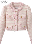 Jackets for Women Fashion Tweed Puff Sleeve Outwear Crop Tops O-neck Long Sleeve Temperament Korean Chic Vintage
