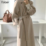 Vintage Belted Wool Coat Woman Thicken Gray Chic Long Jacket Female Winter Autumn Korean Fashion Woolen & Blends
