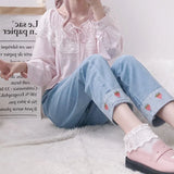 Women Strawberry Printed Patchwork Harajuku Elastic High Waist Ankle-length Jean Femme Womens Korean Style Kawaii
