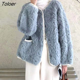 Autumn Winter Lamb Wool Coat Women Korean Round Neck Thicken Warm Jacket Woman Long Sleeve Pockets Plush Jackets