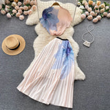 Vacation Beach 2pcs Set Women Floral Printed Short Sleeve Tops And High Waist Pleated Long Skirt Suit Spring