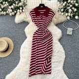 Chic Summer Dress Niche Retro Polo Collar Short-Sleeved Striped Dress Female Waist Temperament Open Long