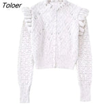 Women Sweet Agaric Lace Ruffles Diamond Beading Short Knitting Sweater Female Chic Casual Slim Cardigan Coat Tops