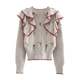 Ardm Fashion Cardigan Mujer Floral Embroidery Ruffled Knitted Cardigan Sweater Vintage Long Sleeve Pull Female Outerwear