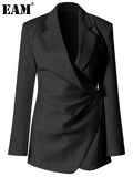 Women Black Irregular Pleated Blazer New Notched Long Sleeve Loose Fit Jacket Fashion Tide Spring Autumn 2023
