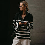 Ribbed Stripes Half-Zip Sweater Women Autumn Winter Clothing 2022 Oversized Pullovers Jumpers Femme Fashion Streetwear