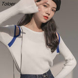 2023 Off Shoulder Knitted Sweater Women Autumn Round Neck Hollow Out Pullovers Woman Korean Long Sleeve Jumper