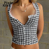 Gingham Crop Tops Summer Y2k Clothes Women Lace Trim Button Up Square Neck Backless Tank Top Cute Girls