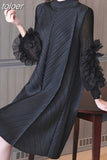 Appliques Dress For Female Half High Collar Puff Sleeve Straight Loose Waist Fold Pleated Dresses Women 2023 Spring