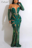 Women Hot Drill Rhinestones Diamond Long Party Sequin Dresses Luxury One Shoulder Long Sleeve Evening Mermaid