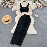 Split Sexy Fashion Two Pieces Suits Summer Mini Camis+Elastic Drawstring Slim Midi Long Skirt Sets Women Solid