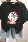 100% Cotton M-6XL T Shirt Japanese Cartoon Anime Tshirt Short Sleeve Women's Top Summer Couple V Neck Oversized T