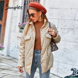 Simplee Elegant pattern button pocket women short coat winter Office lady long sleeves lapel loose parkas Female solid warm