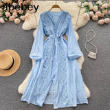 2022 Autumn New Lace Embroidery Dress Women Long Sleeves Dresses Female Vintage Party Beach Maxi Long