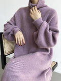Women's Roll Collar Turtleneck Lantern Sleeves Knitted Dress Purple Gray White Brown Straight Sweater