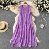2022 Summer New Lace Embroidery Dress Women Sleevelesss Dresses Female Vintage Party Beach Maxi Long