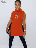 Letter Print Knit T-Shirts Women Bodycon Dress Sleeveless Turtleneck Skinny Elastic Side Split Tank Female Party Clubwear