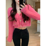 Knitted Cardigan Women Long Sleeve Y2k Crop Tops Korean Fashion Sweater Coats Office Lady Pure Color Button 2022 Autumn