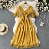 Women French Lace Dress Short Sleeve V Neck Elastic Ruched A-line Dresses 2022 Summer Elegant Streetwear Midi