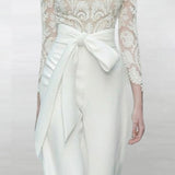 Summer Luxury Runway Fashion Round Neck Long Sleeve Lace Top+high Waist White Wide Leg Pants Set Party Women Two Piece