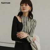 Designer T Shirt For Women Sexy Hollow-out Ladies T Shirt Patchwork Long Sleeve Tee Shirt Femme Top Underwear Chic